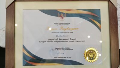 Provinsi Sulbar Terima Penghargaan Bapanas Awards sebagai  Provinsi Terbaik Pengendali Inflasi